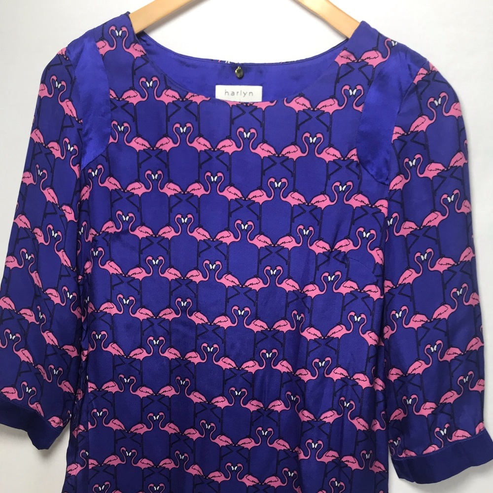 Silk Pink Flamingo Anthropoligie Harlyn Navy Blue Shift Tunic Dress XSP